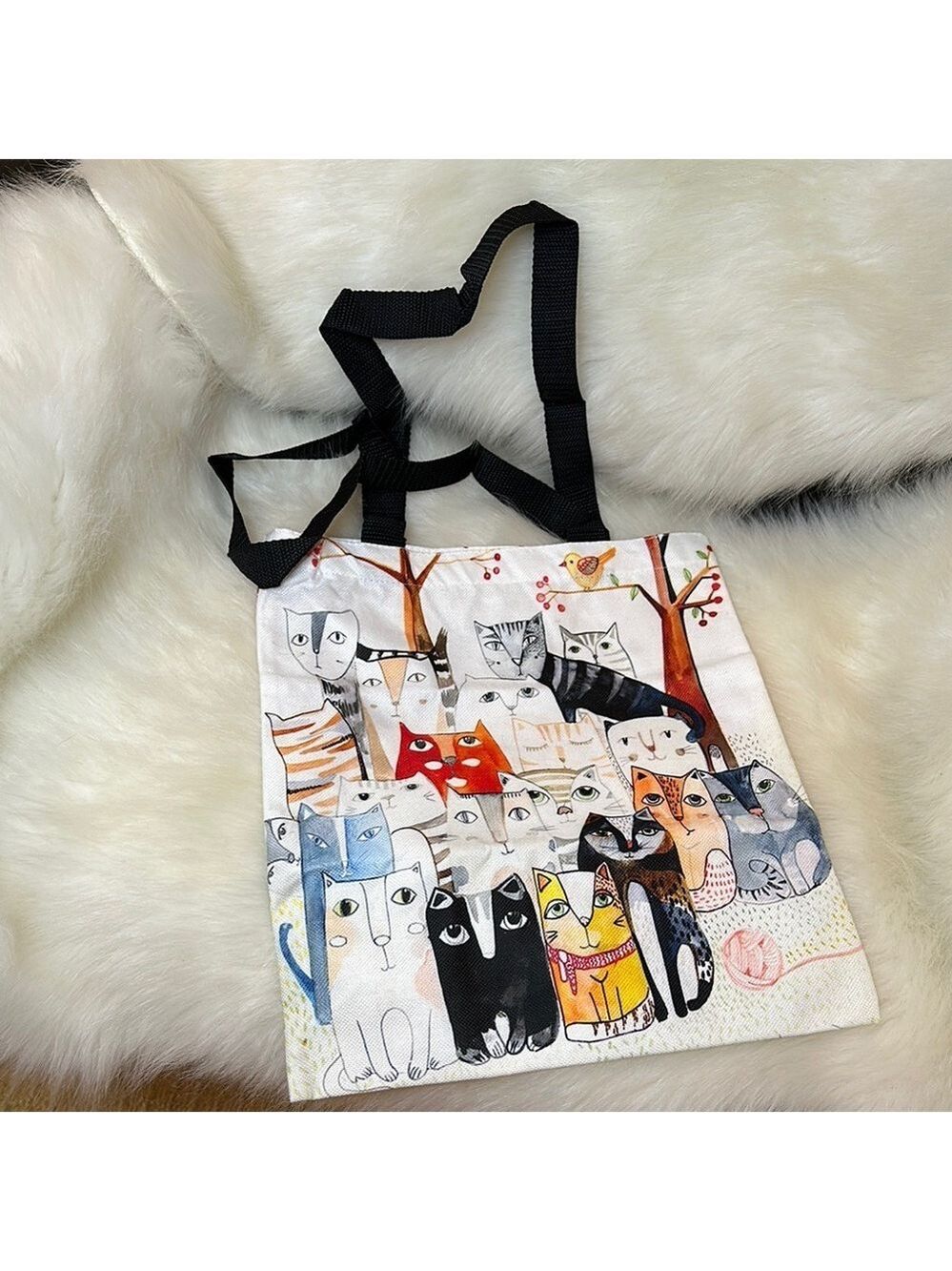 MANY-PAWS MULTI-CAT ARTISTIC FELINE CAT PRINT CANVAS GROCERY TOTE SHOPPING BAG - Picture 7 of 8